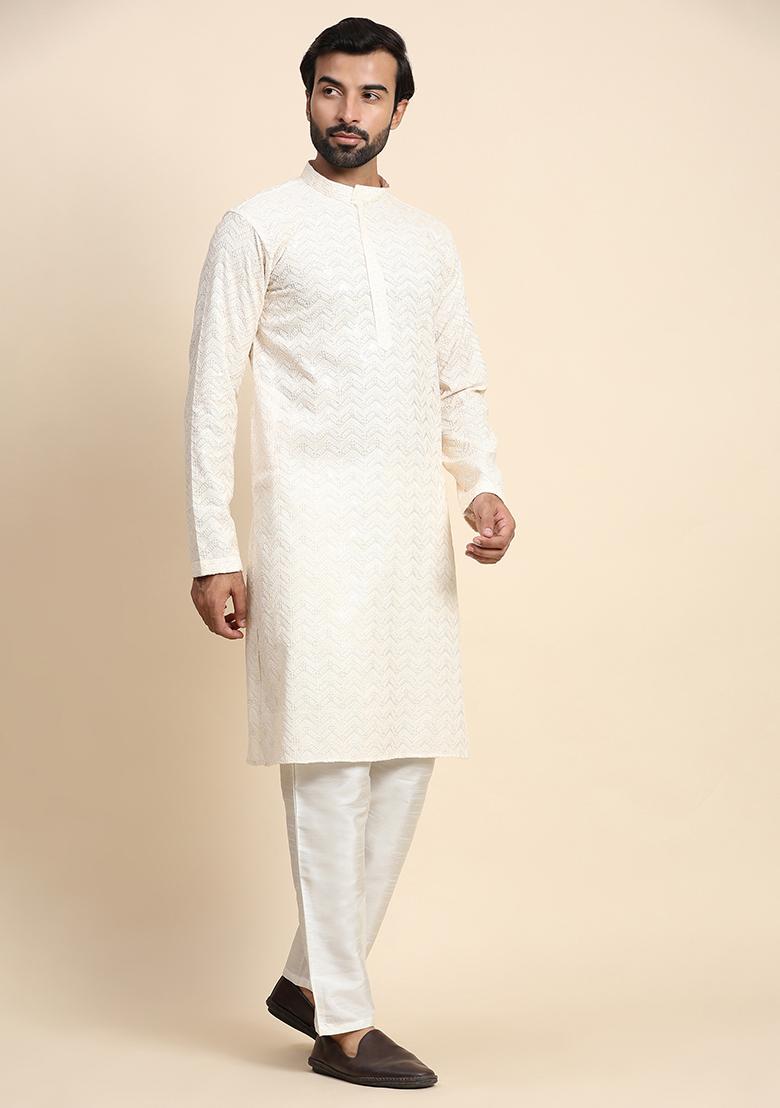 Cream Chikankari Embroidered Cotton Kurta Pyjama Set For Men