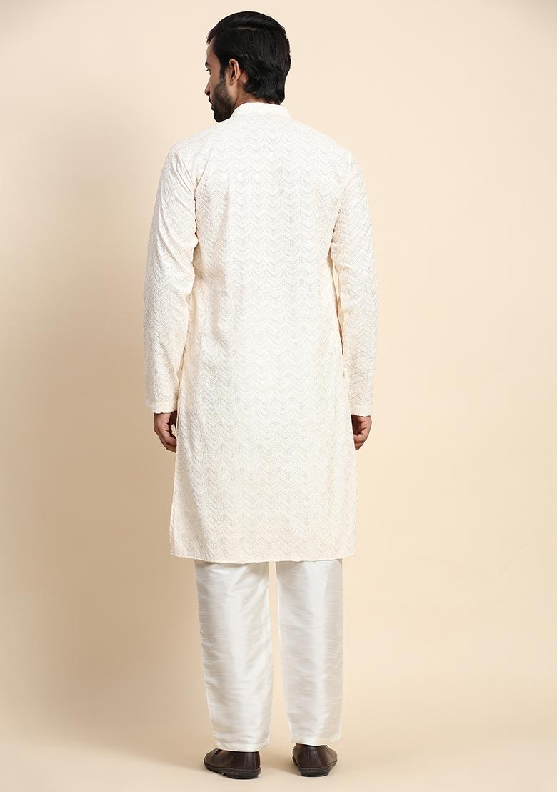 Cream Chikankari Embroidered Cotton Kurta Pyjama Set For Men