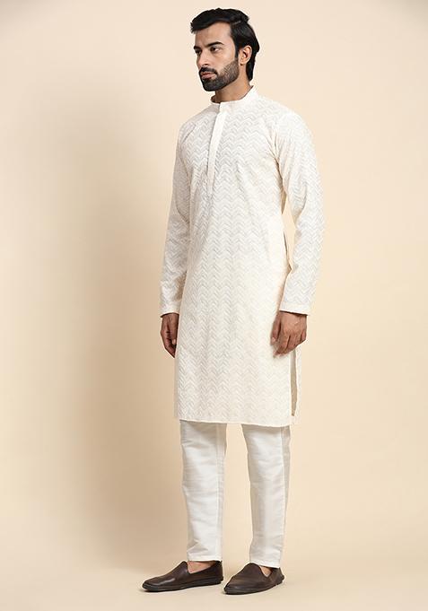 Cream Chikankari Embroidered Cotton Kurta Pyjama Set For Men