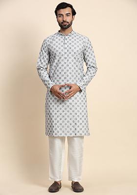 Grey Chikankari Embroidered Cotton Kurta Pyjama Set For Men