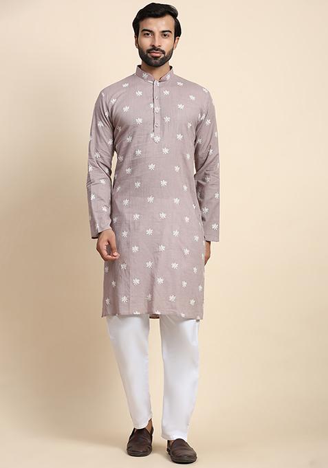 Mauve Embroidered Cotton Kurta Pyjama Set For Men