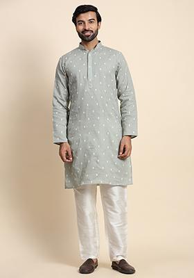 Green Embroidered Cotton Kurta Pyjama Set For Men