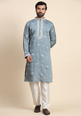 Blue Embroidered Silk Kurta Pyjama Set For Men