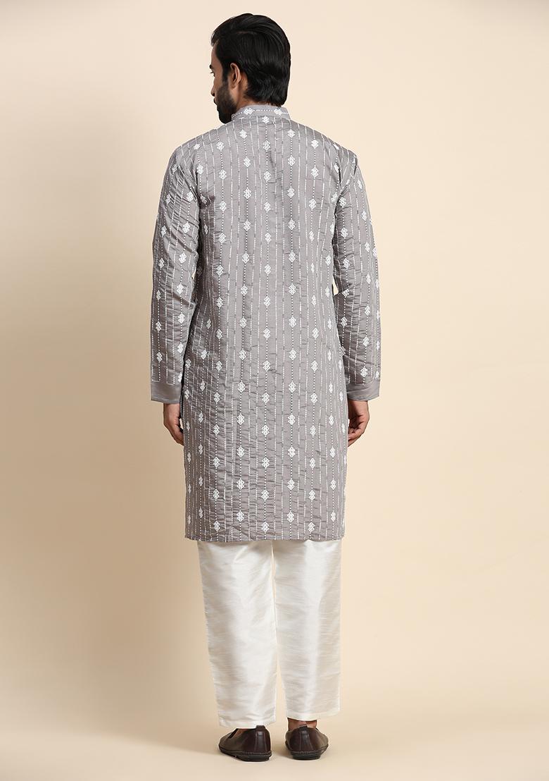 Grey Embroidered Viscose Rayon Kurta Pyjama Set For Men