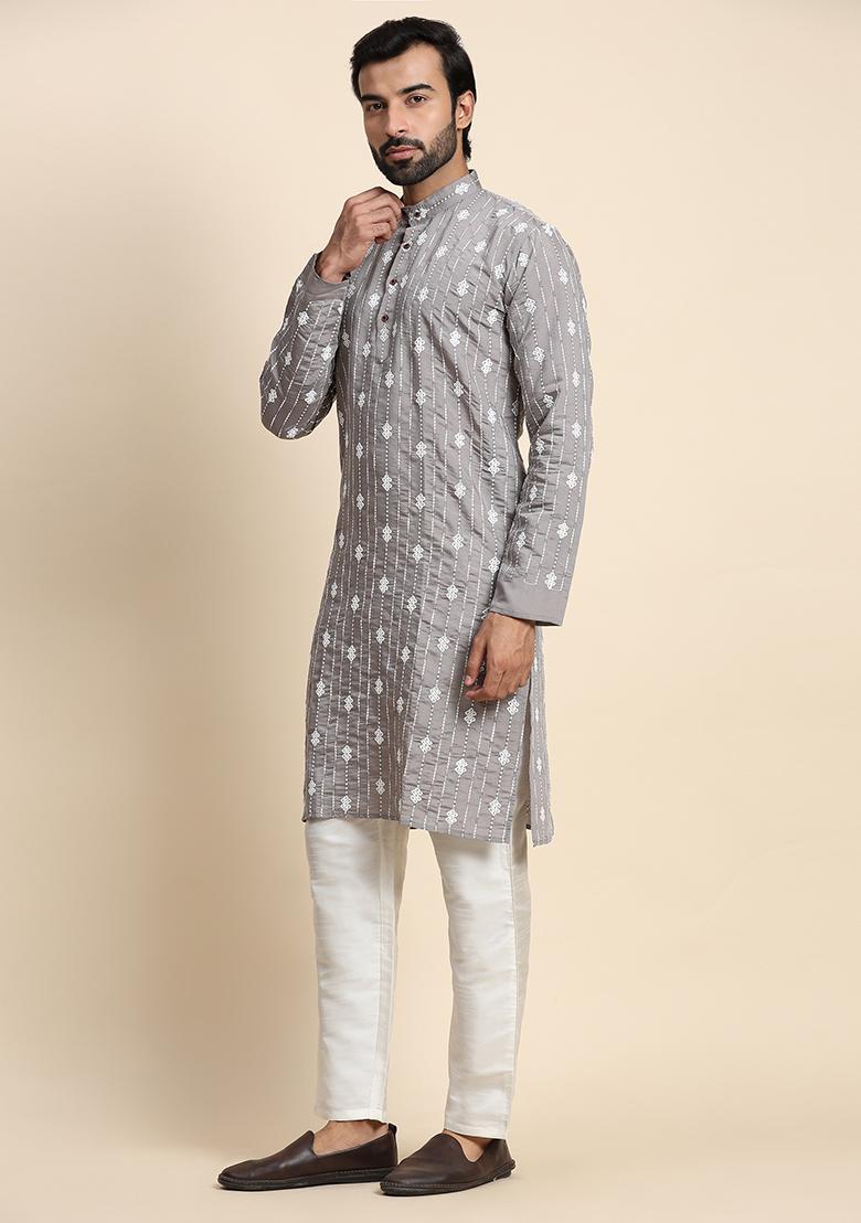 Grey Embroidered Viscose Rayon Kurta Pyjama Set For Men