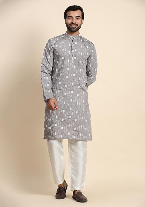 Grey Embroidered Viscose Rayon Kurta Pyjama Set For Men