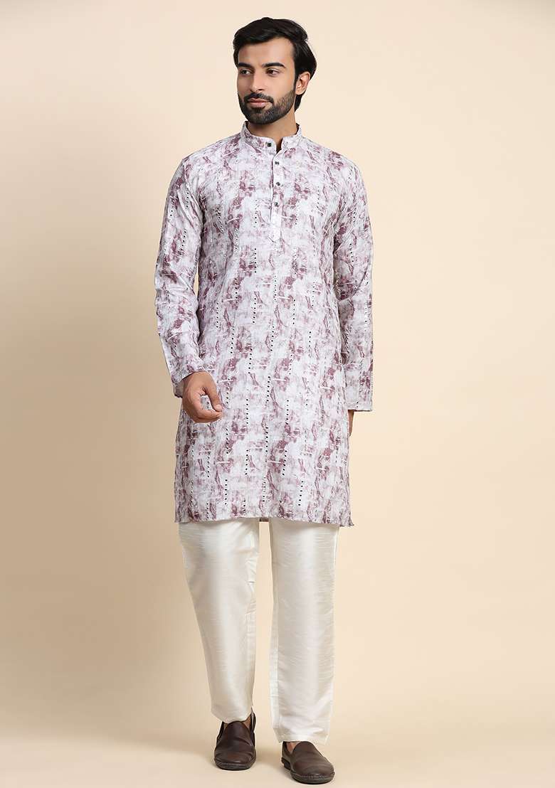 Grey Mirror Embroidered Viscose Rayon Kurta Pyjama Set For Men - Indya