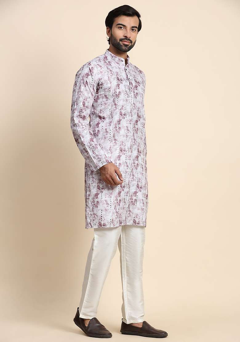 Grey Mirror Embroidered Viscose Rayon Kurta Pyjama Set For Men - Indya