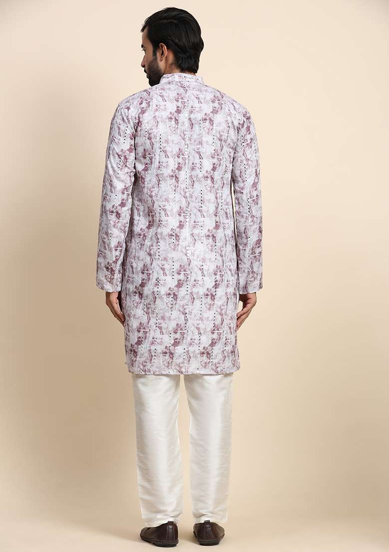 Grey Mirror Embroidered Viscose Rayon Kurta Pyjama Set For Men - Indya