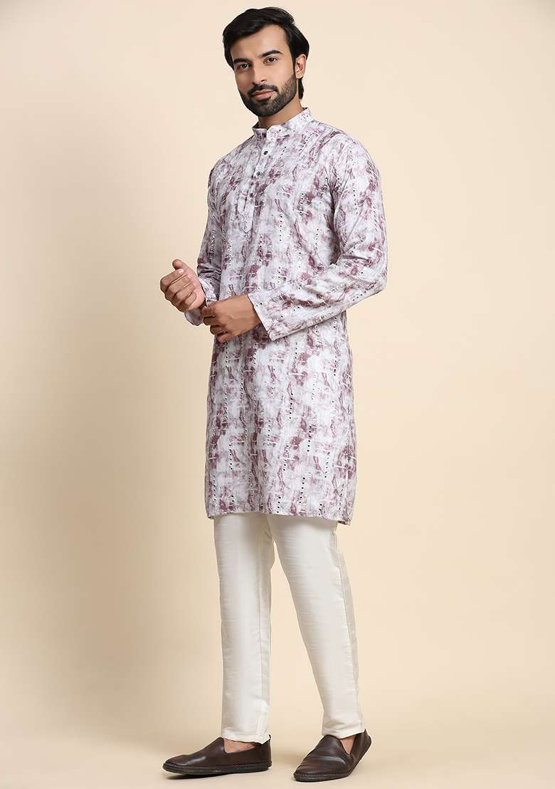 Grey Mirror Embroidered Viscose Rayon Kurta Pyjama Set For Men - Indya