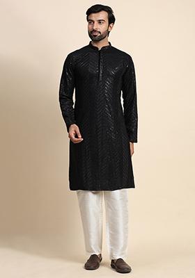 Black Embroidered Cotton Kurta Pyjama Set For Men