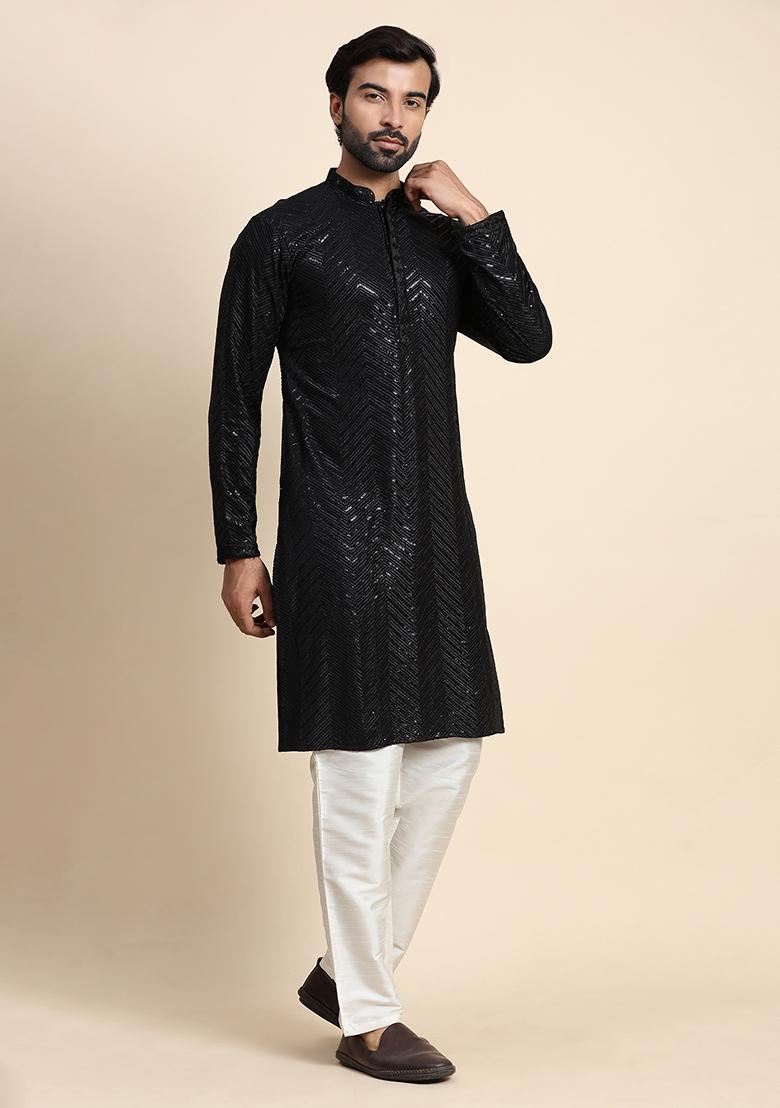 Black Embroidered Cotton Kurta Pyjama Set For Men