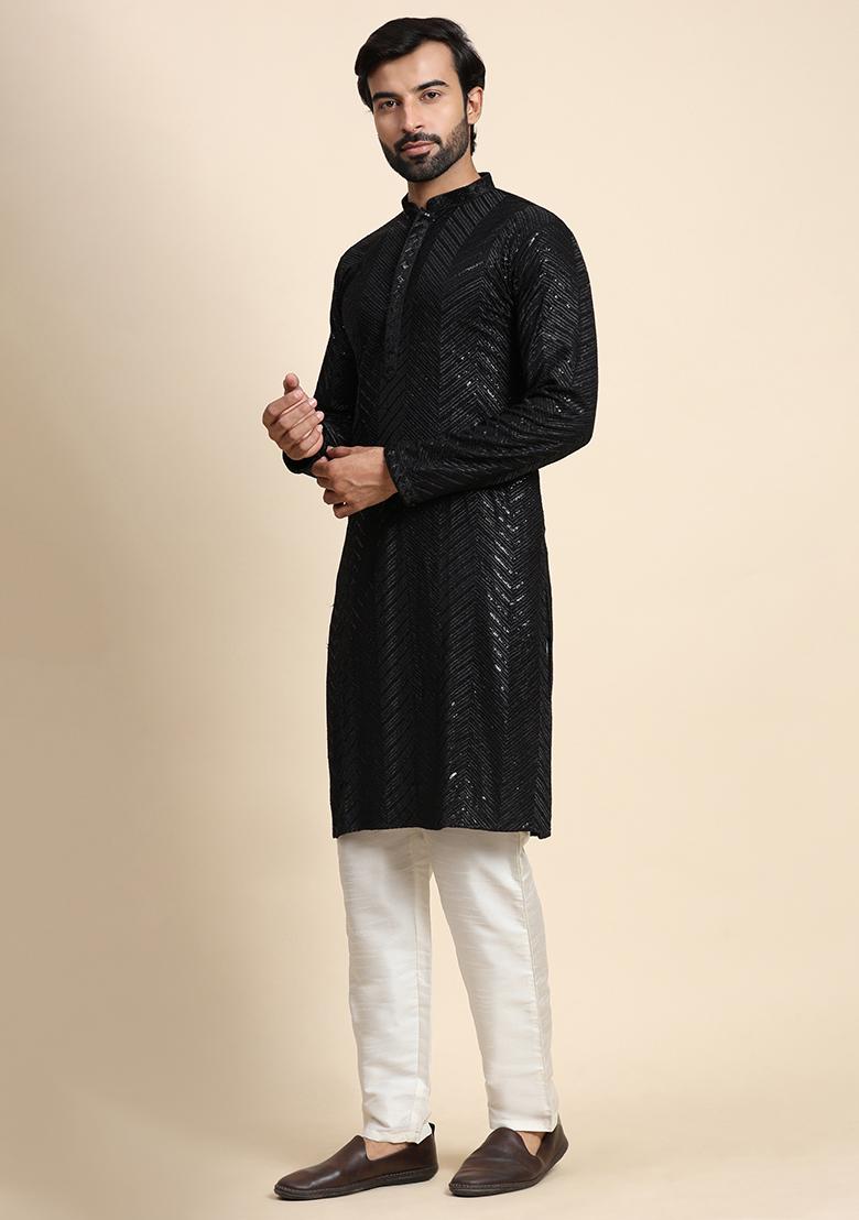 Black Embroidered Cotton Kurta Pyjama Set For Men