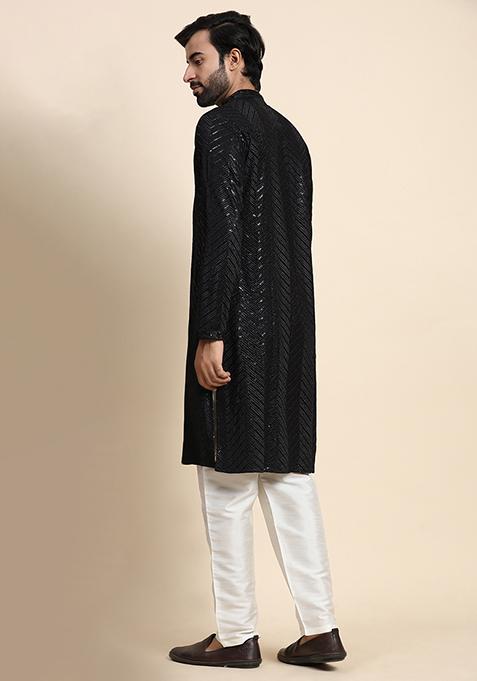 Black Embroidered Cotton Kurta Pyjama Set For Men