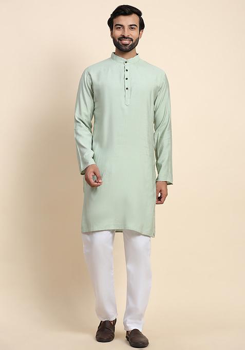 Green Solid Viscose Rayon Kurta Pyjama Set For Men