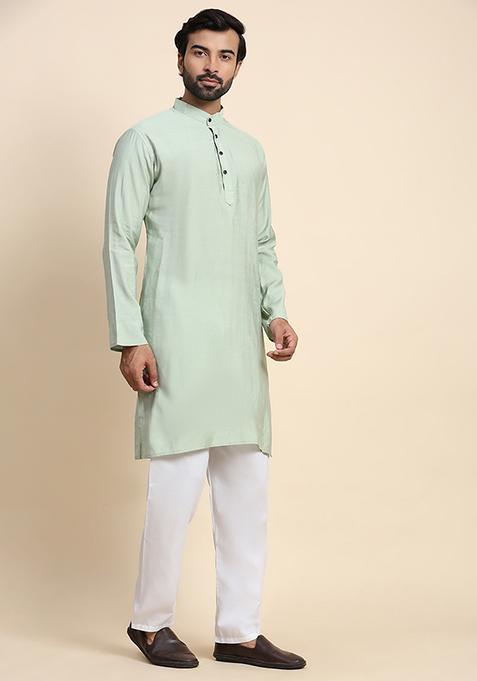 Green Solid Viscose Rayon Kurta Pyjama Set For Men