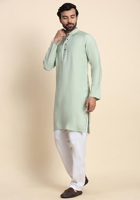 Green Solid Viscose Rayon Kurta Pyjama Set For Men