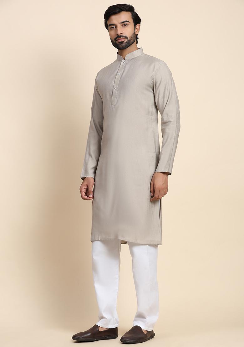 Grey Solid Viscose Rayon Kurta Pyjama Set For Men