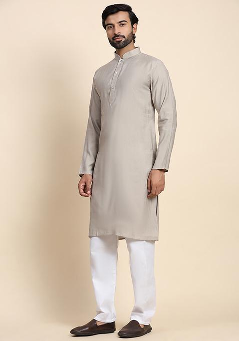 Grey Solid Viscose Rayon Kurta Pyjama Set For Men