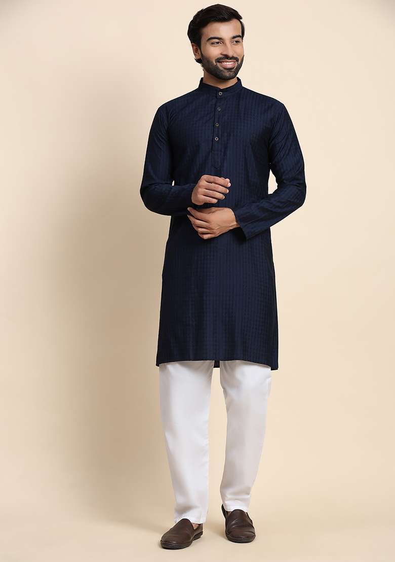 Navy Blue Solid Viscose Rayon Kurta Pyjama Set For Men - Indya