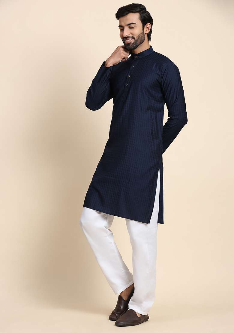 Navy Blue Solid Viscose Rayon Kurta Pyjama Set For Men - Indya