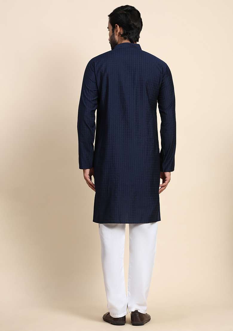Navy Blue Solid Viscose Rayon Kurta Pyjama Set For Men - Indya