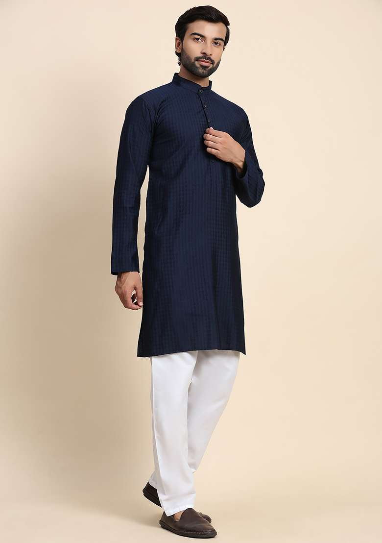 Navy Blue Solid Viscose Rayon Kurta Pyjama Set For Men - Indya