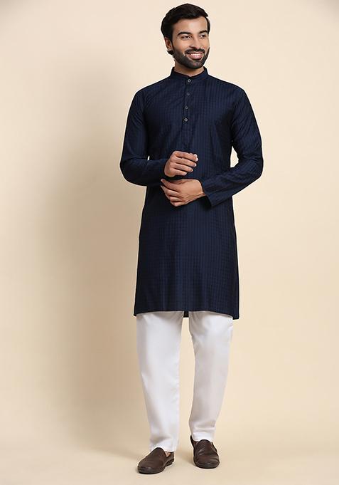 Navy Blue Solid Viscose Rayon Kurta Pyjama Set For Men