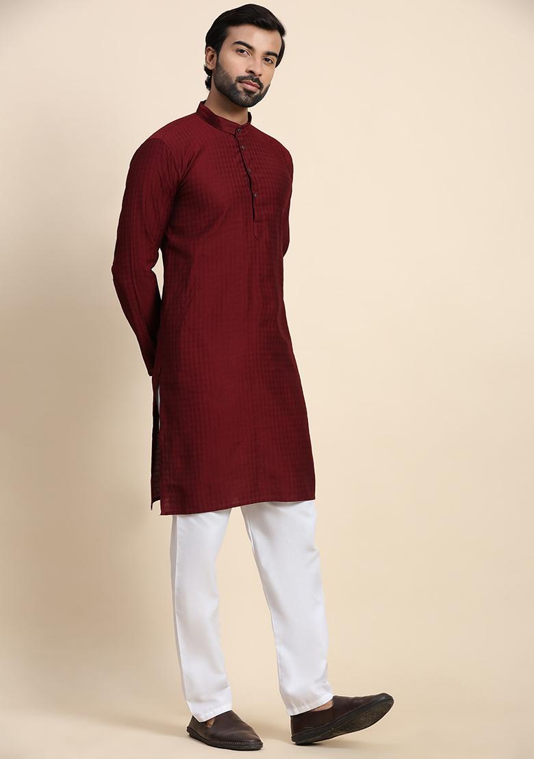 Maroon Solid Viscose Rayon Kurta Pyjama Set For Men