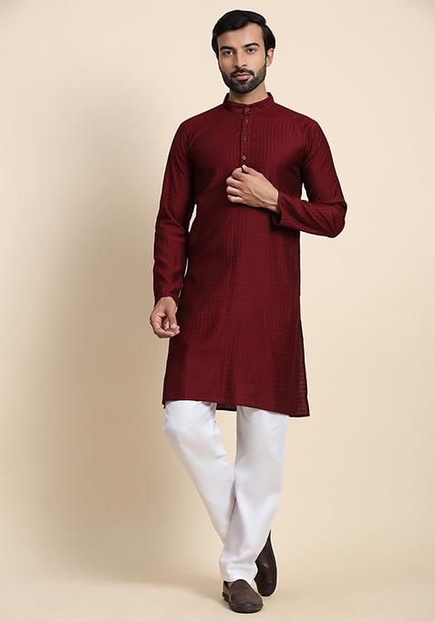 Maroon Solid Viscose Rayon Kurta Pyjama Set For Men