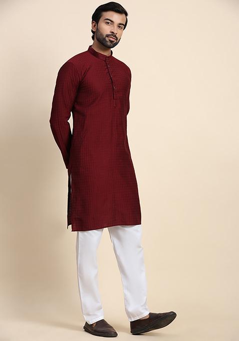 Maroon Solid Viscose Rayon Kurta Pyjama Set For Men