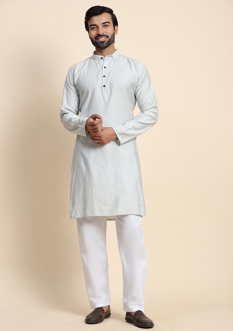Light Grey Solid Viscose Rayon Kurta Pyjama Set For Men