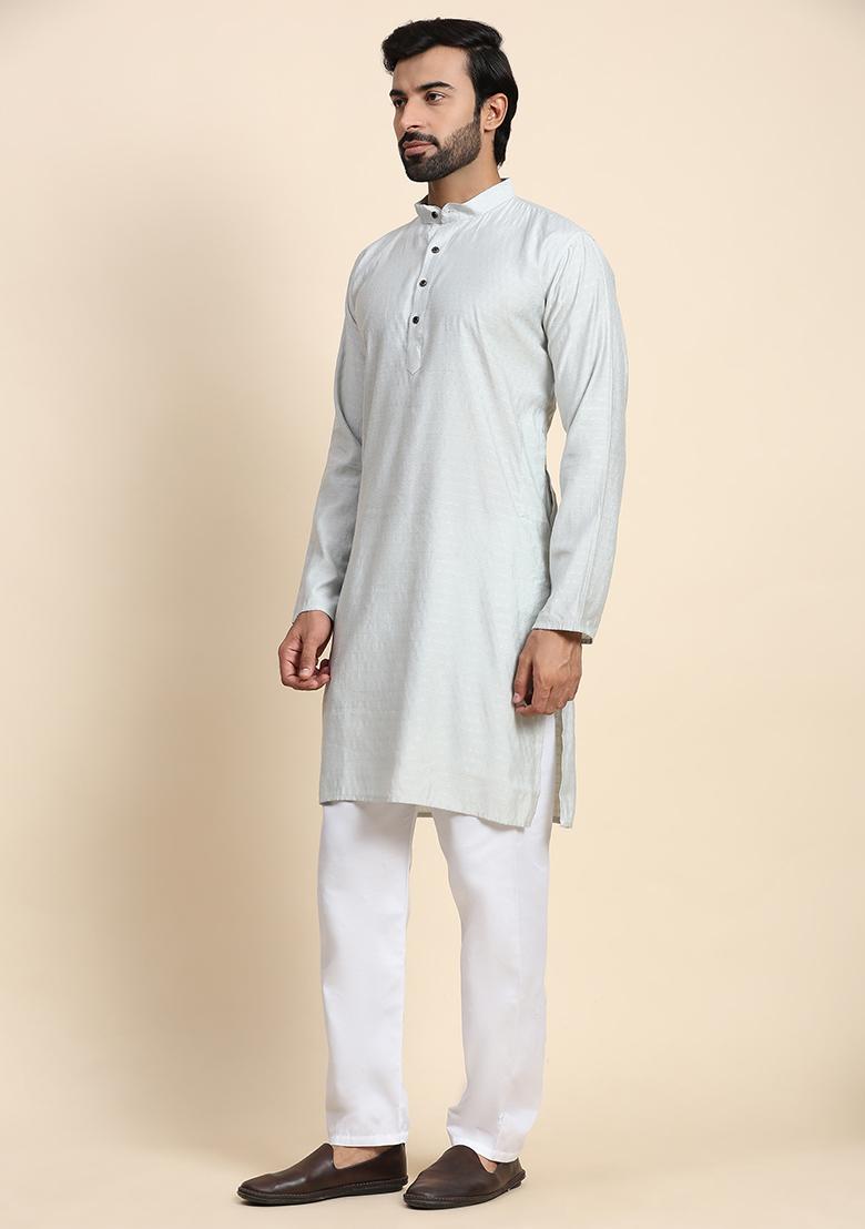 Light Grey Solid Viscose Rayon Kurta Pyjama Set For Men
