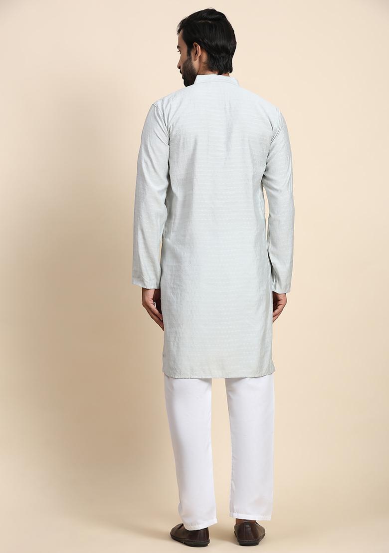 Light Grey Solid Viscose Rayon Kurta Pyjama Set For Men