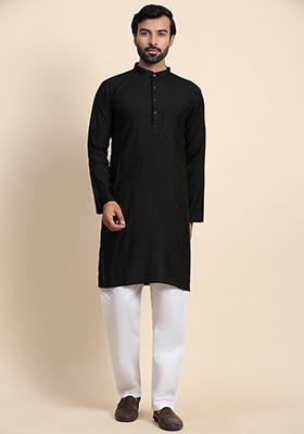 Black Solid Viscose Rayon Kurta Pyjama Set For Men