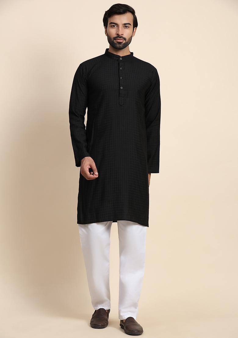 Black Solid Viscose Rayon Kurta Pyjama Set For Men