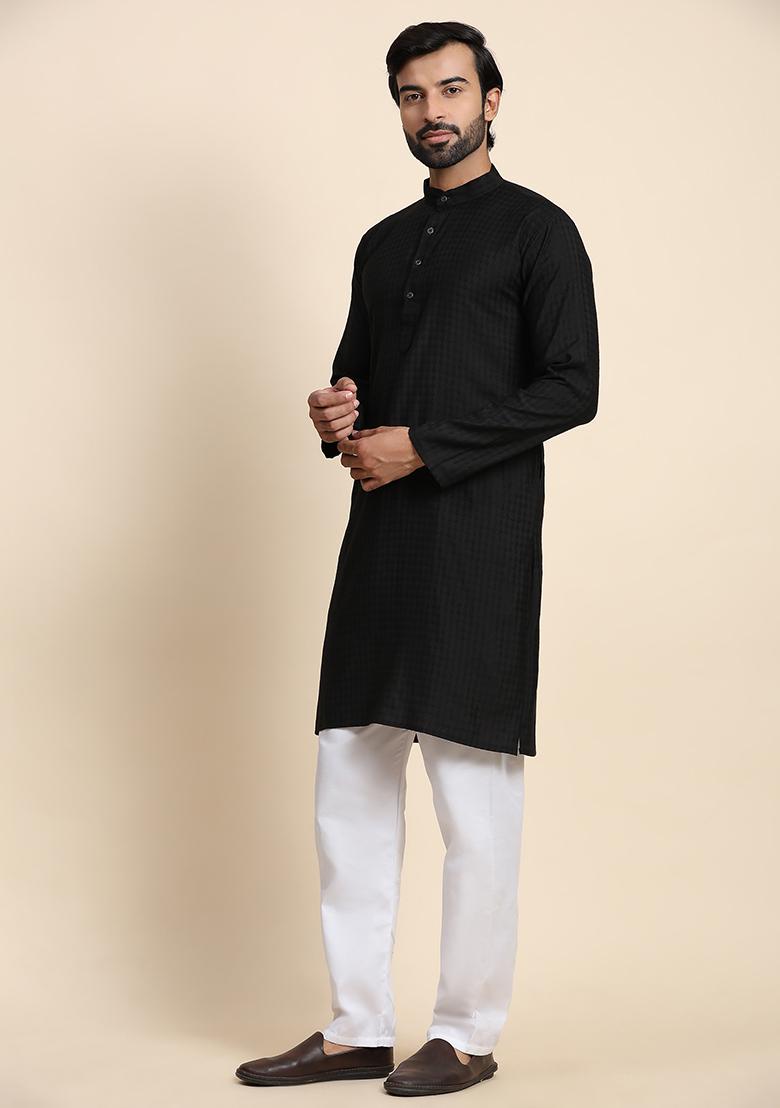Black Solid Viscose Rayon Kurta Pyjama Set For Men