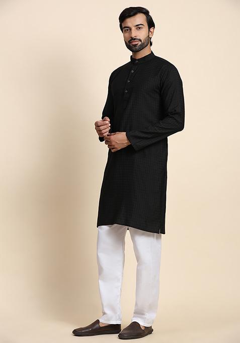 Black Solid Viscose Rayon Kurta Pyjama Set For Men