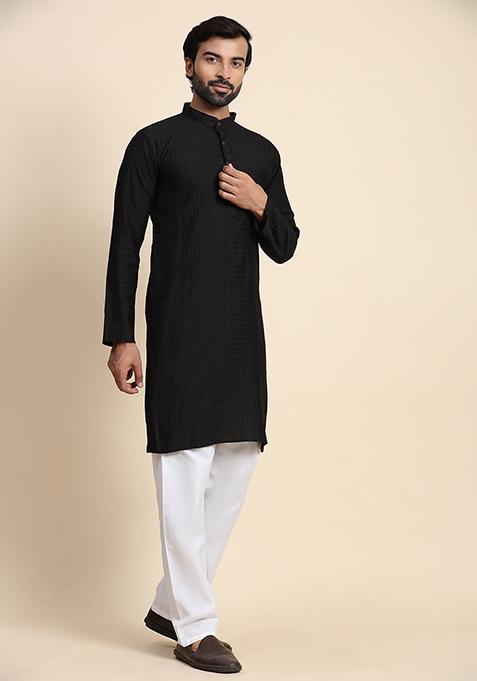 Black Solid Viscose Rayon Kurta Pyjama Set For Men