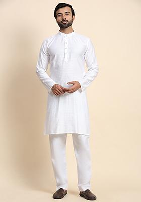 White Solid Viscose Rayon Kurta Pyjama Set For Men