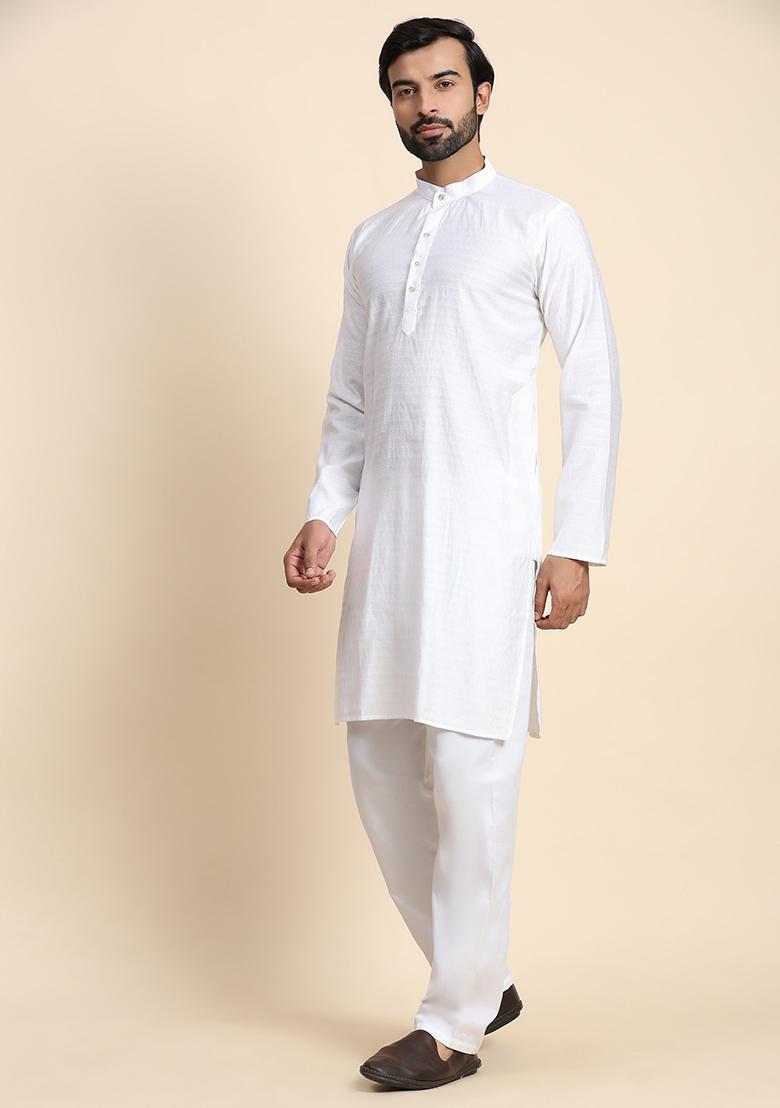 White Solid Viscose Rayon Kurta Pyjama Set For Men