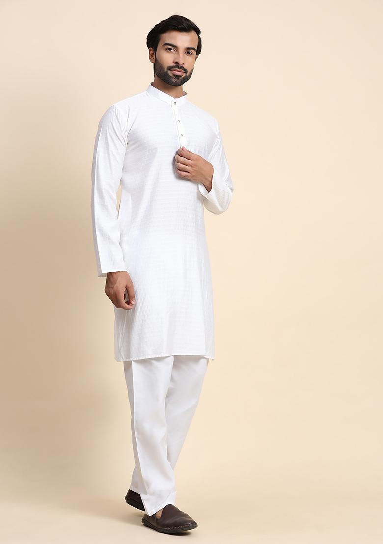 White Solid Viscose Rayon Kurta Pyjama Set For Men