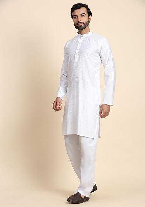 White Solid Viscose Rayon Kurta Pyjama Set For Men