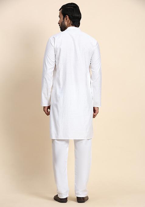 White Solid Viscose Rayon Kurta Pyjama Set For Men
