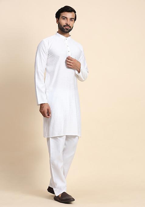 White Solid Viscose Rayon Kurta Pyjama Set For Men