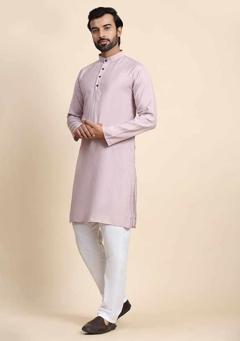 Light Mauve Solid Viscose Rayon Kurta Pyjama Set For Men