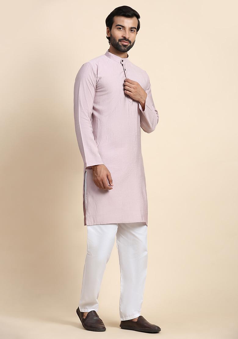 Light Mauve Solid Viscose Rayon Kurta Pyjama Set For Men