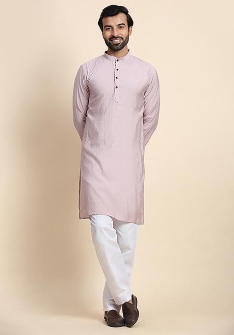 Light Mauve Solid Viscose Rayon Kurta Pyjama Set For Men
