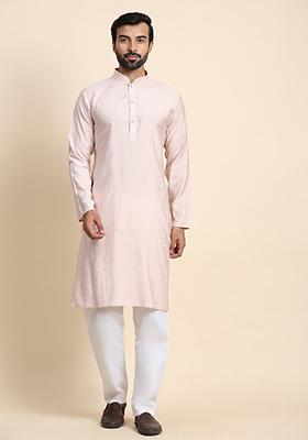 Light Pink Solid Viscose Rayon Kurta Pyjama Set For Men