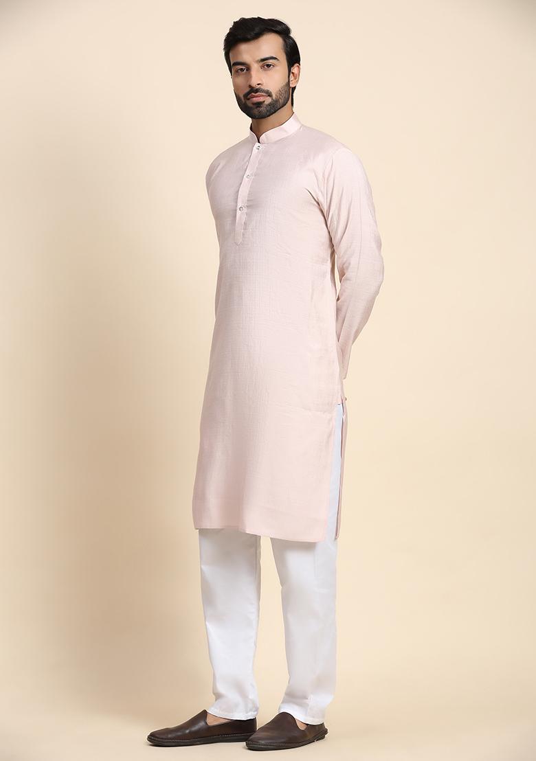 Light Pink Solid Viscose Rayon Kurta Pyjama Set For Men